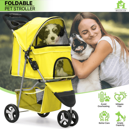 Pet Jogger Stroller 3-Wheel for Small & Medium Dogs & Cats up to 33 lbs – Foldable Oxford Waterproof Dog Cat Pram with 360° Swivel Wheels