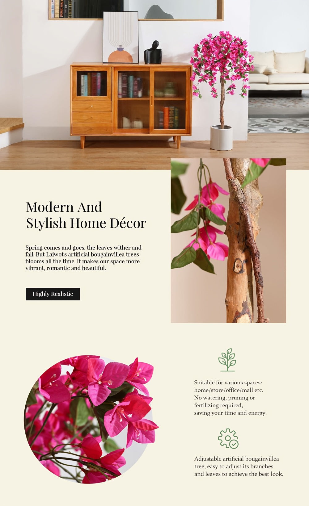 Artificial Bougainvillea Tree, 5-Foot Pink Flowering Plant with Wood-Look Trunk and Black Base Pot