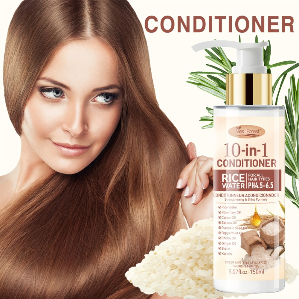 Rice Water 10-in-1-Labeled Shampoo and Conditioner Duo in 150mL Pump Bottles with White-and-Gold Packaging