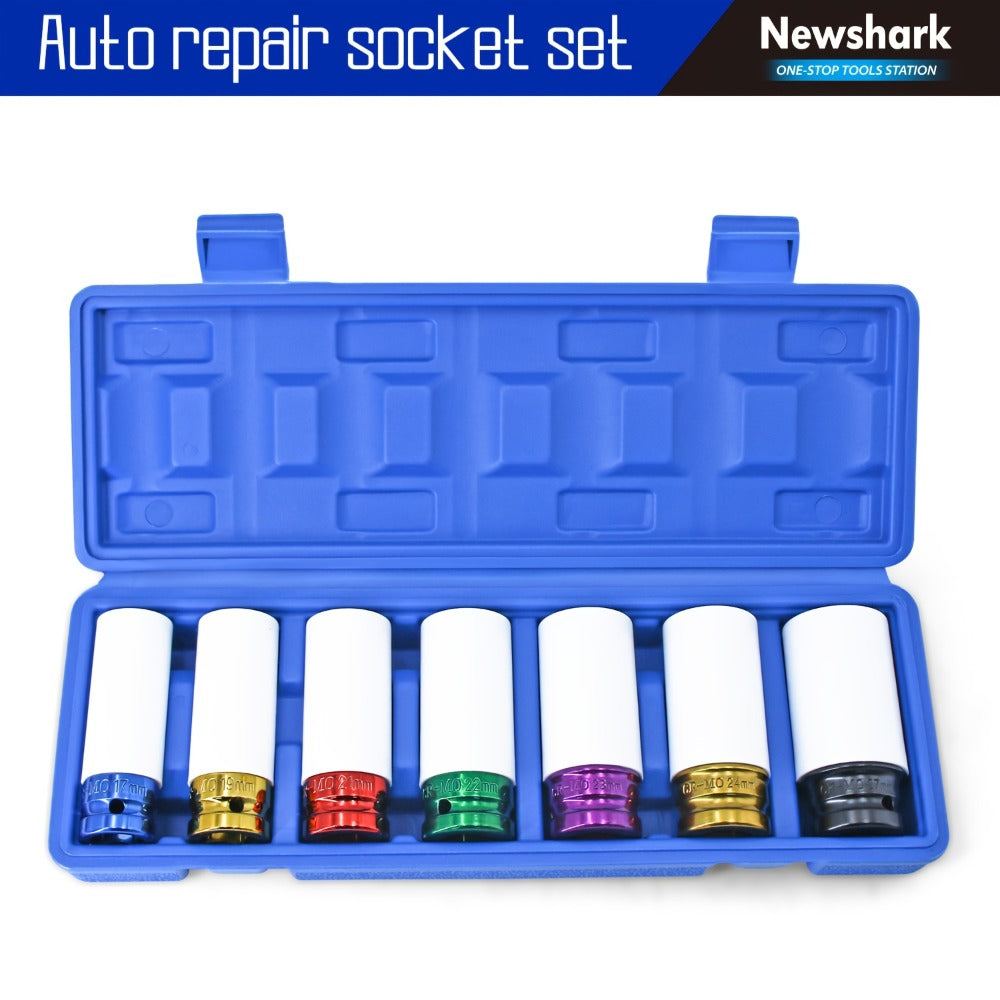 Lug Nut Socket Set 7-Piece 1/2" Drive, Metric 17/19/21/22/23/24/27mm Thin Wall Impact Wheel Sockets with White Covers for Car