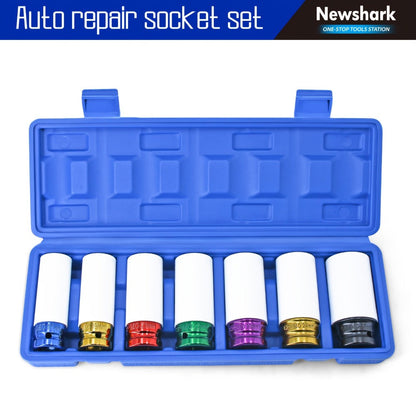 Lug Nut Socket Set 7-Piece 1/2" Drive, Metric 17/19/21/22/23/24/27mm Thin Wall Impact Wheel Sockets with White Covers for Car
