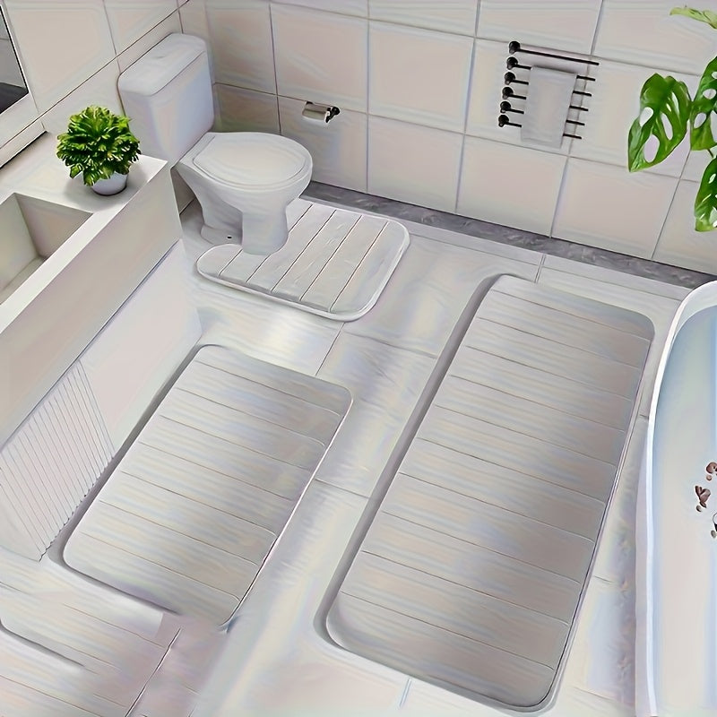 Channel-Stitched Three-Piece Padded Bath Mat Set with Long Runner and Two Matching Rugs in Nine Solid Colors