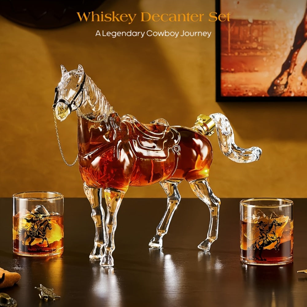 Horse Whiskey Decanter Set with Clear 67 oz Horse-Shaped Bottle and Two 9.8 oz Cowboy Glasses for a Western Bar Display