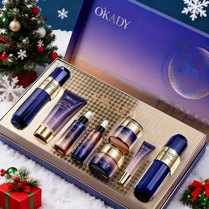 Skincare Set with OKADY Label, 8 Collagen and Hyaluronic Acid Product Items in Blue Gold Gift Box