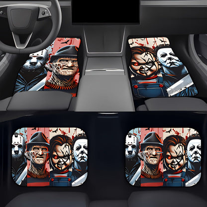 Halloween Character Car Floor Mats, Four-Piece Black Printed Set with Two Front and Two Rear Mats