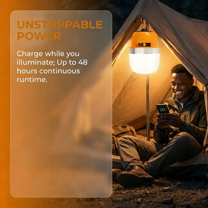 Orange Hanging Camping Lantern with Three Brightness Settings, Type-C Charging Port and Integrated Hook
