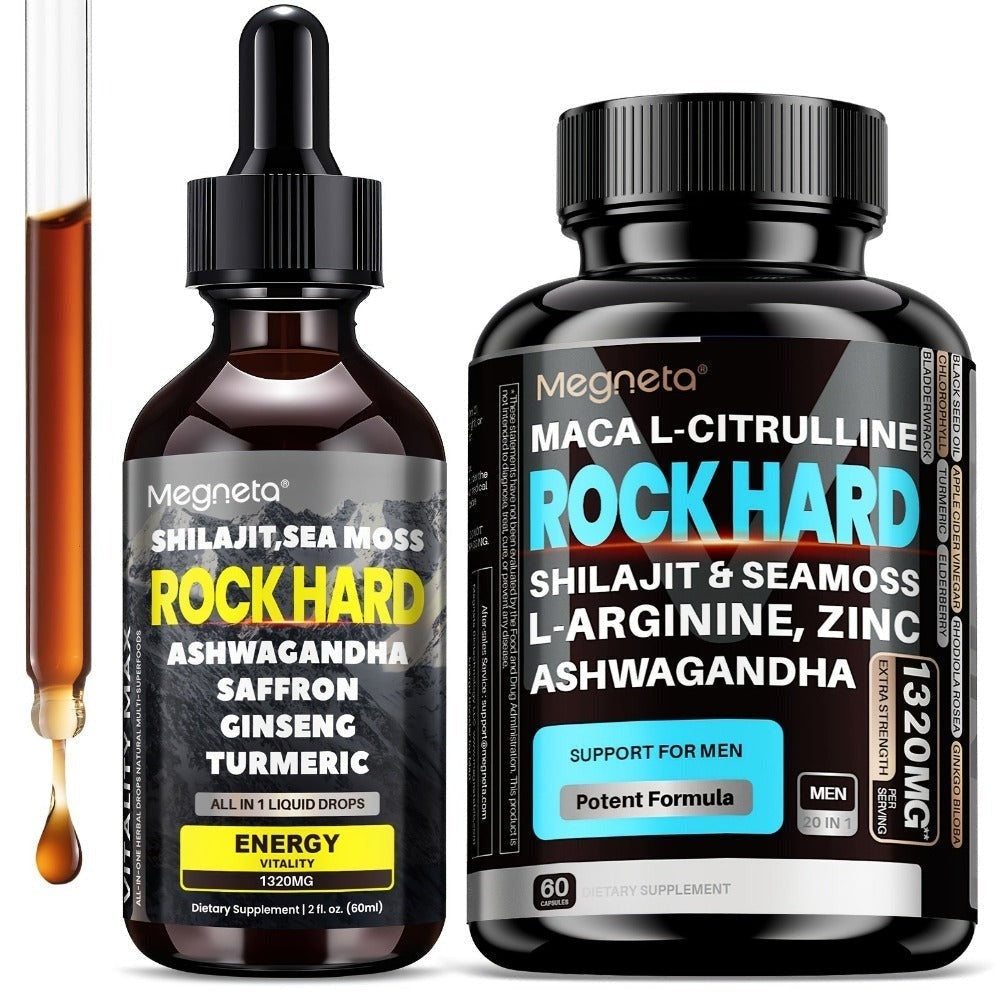 Two-Piece Men's Health Supplement Set with One Capsule Bottle and One Liquid Dropper Bottle in Coordinated Packaging