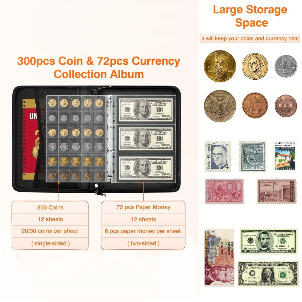 300-Pocket Coin Collection Book with Lock – Fireproof Holder, 72 Currency Sleeves, Coin Organizer Album for Pennies