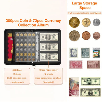 300-Pocket Coin Collection Book with Lock – Fireproof Holder, 72 Currency Sleeves, Coin Organizer Album for Pennies