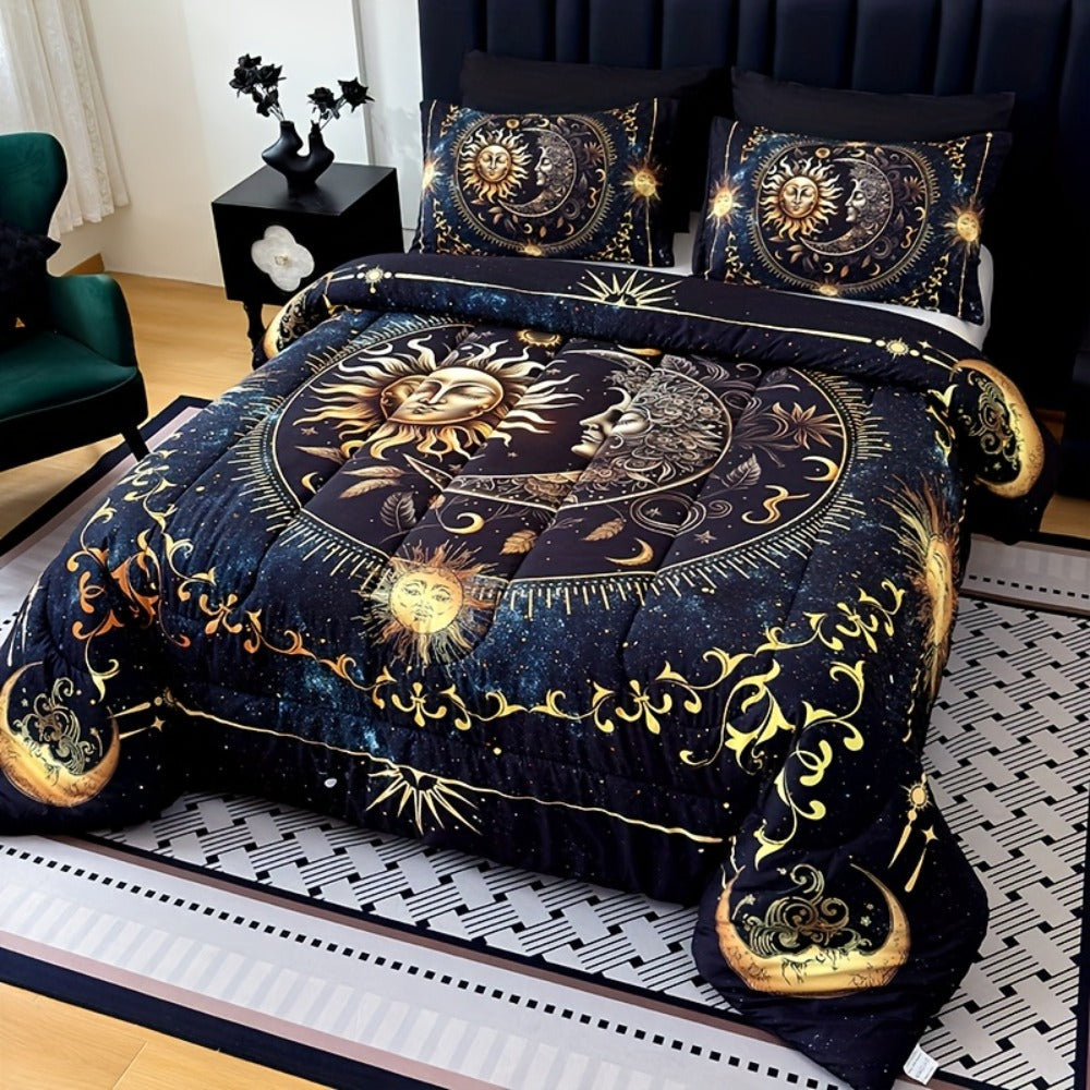 Sun Moon and Planet Print Comforter Set in Black with Twin, Full, Queen and King Size Options
