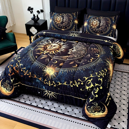 Sun Moon and Planet Print Comforter Set in Black with Twin, Full, Queen and King Size Options
