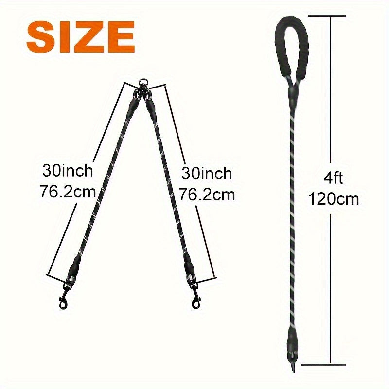 Dual Dog Walking Leash with Padded Handle, Two 30-Inch Branches and Six Reflective Color Options