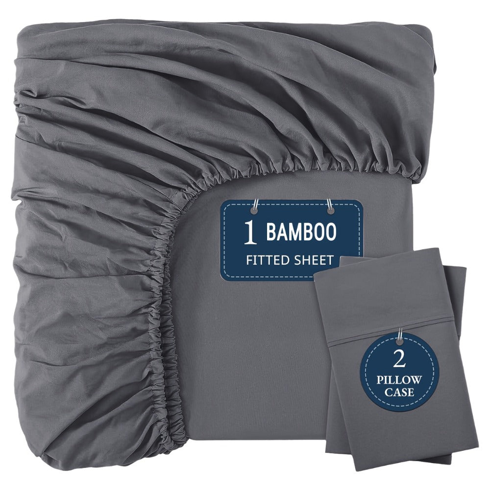 Bamboo Fitted Sheet Set 3-Piece – Cooling Breathable Soft Deep Pocket Bed Sheets, Twin Full Queen King, 12 Colors – Fits Mattress Up to 15"