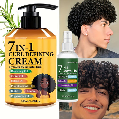 Rosemary Hair Growth Styling Cream & Leave-In Conditioner Spray Set 2pcs - 7-in-1 Formula with Castor