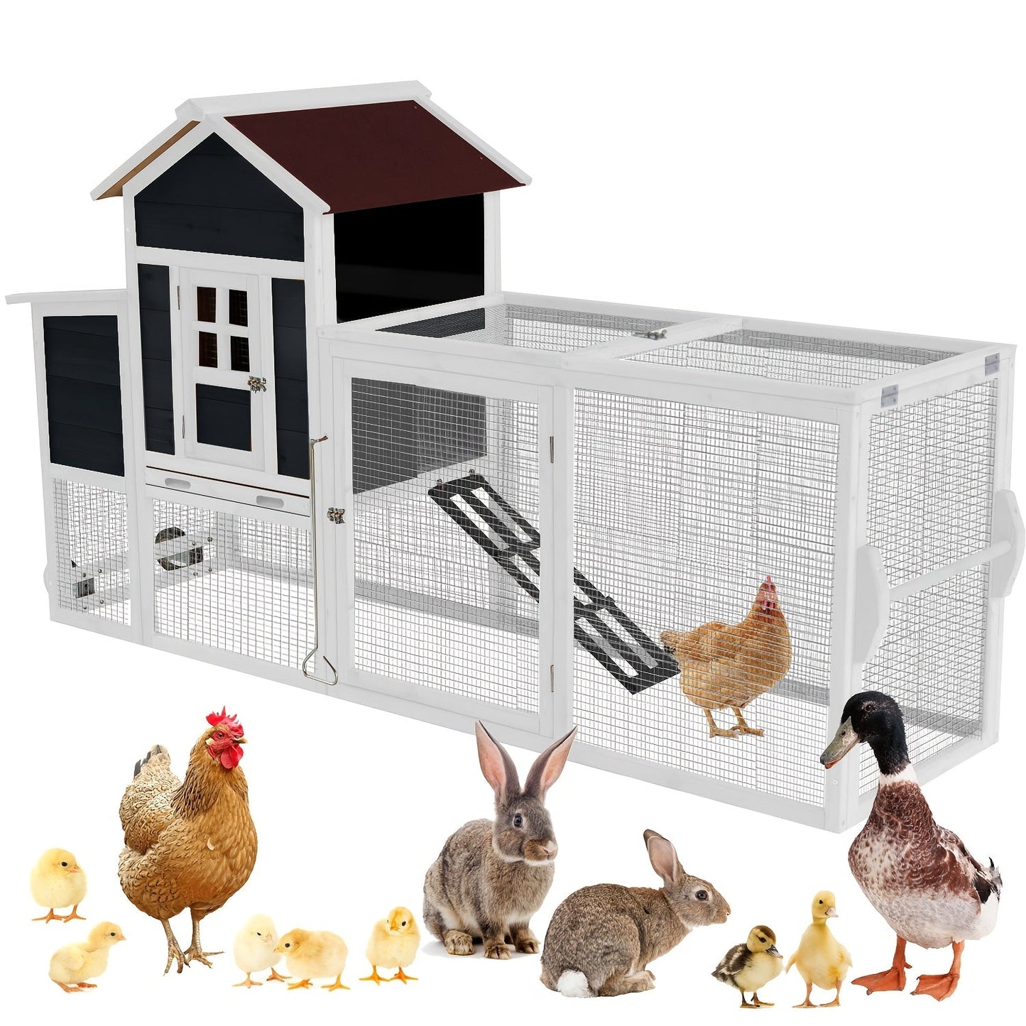 Chicken Coop with Run Large Outdoor Wooden Hen House 82 Inch Walk-in Poultry Cage for 2-4 Chickens Ducks for Garden, Patio and Yard Use