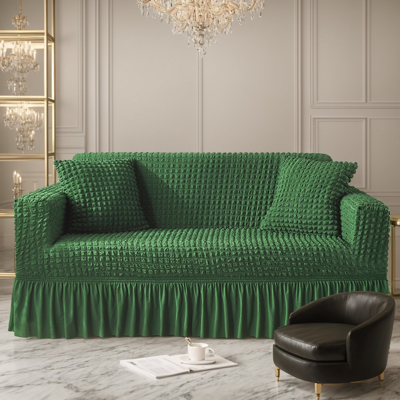 Sofa Cover High-Elasticity Seersucker Skirt Slipcover with Drawstring for 1 to 4-Seater Sofas in Eight Colors
