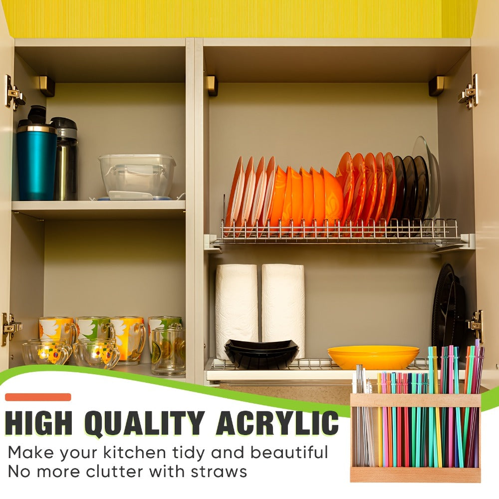 Wooden Straw Holder for Cabinet Door 9.8 Inch Acacia Wood Straw Dispenser Wall Mount Reusable Straw Storage Box for Kitchen Counter Cupboard