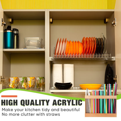 Wooden Straw Holder for Cabinet Door 9.8 Inch Acacia Wood Straw Dispenser Wall Mount Reusable Straw Storage Box for Kitchen Counter Cupboard