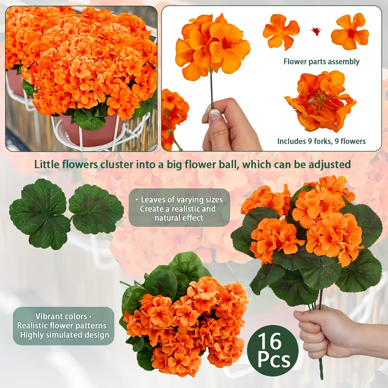 Artificial Flowers 13.77-Inch Geranium, Rose, Marigold or Hydrangea Styles in 8 and 16-Piece Options