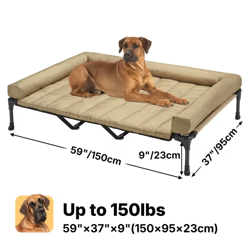 Elevated Dog Bed with Teslin Mesh Cot, Powder-Coated Steel Frame and Removable Bolster Top in Four Sizes