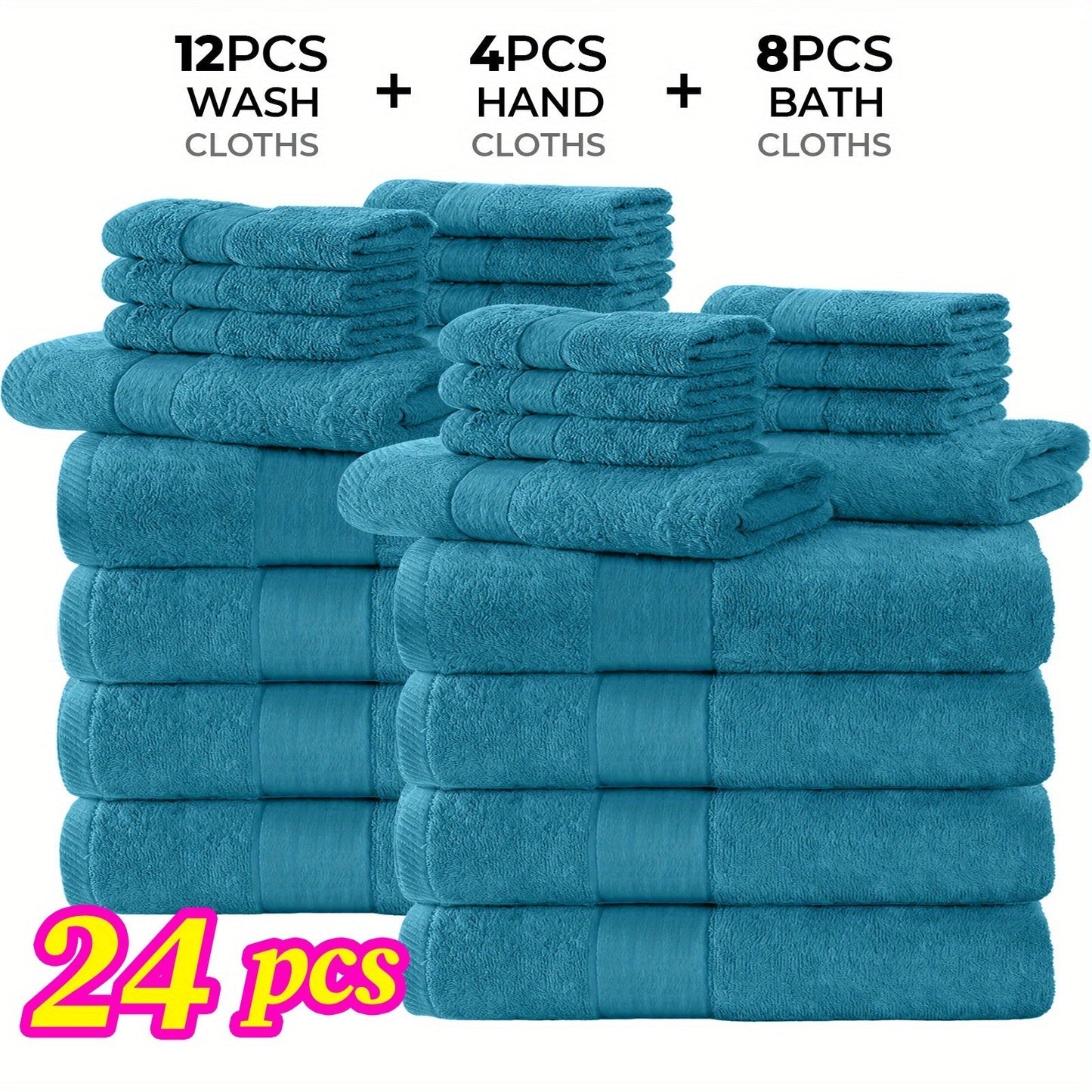 Towel Set 12 or 24 Piece Cotton Collection with Bath, Hand and Washcloth Formats in Seven Colors