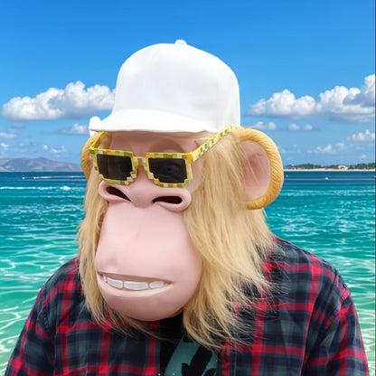 White-Haired Cartoon Ape Full-Head Costume Mask with White Cap and Pixel-Style Glasses in Two Face Styles