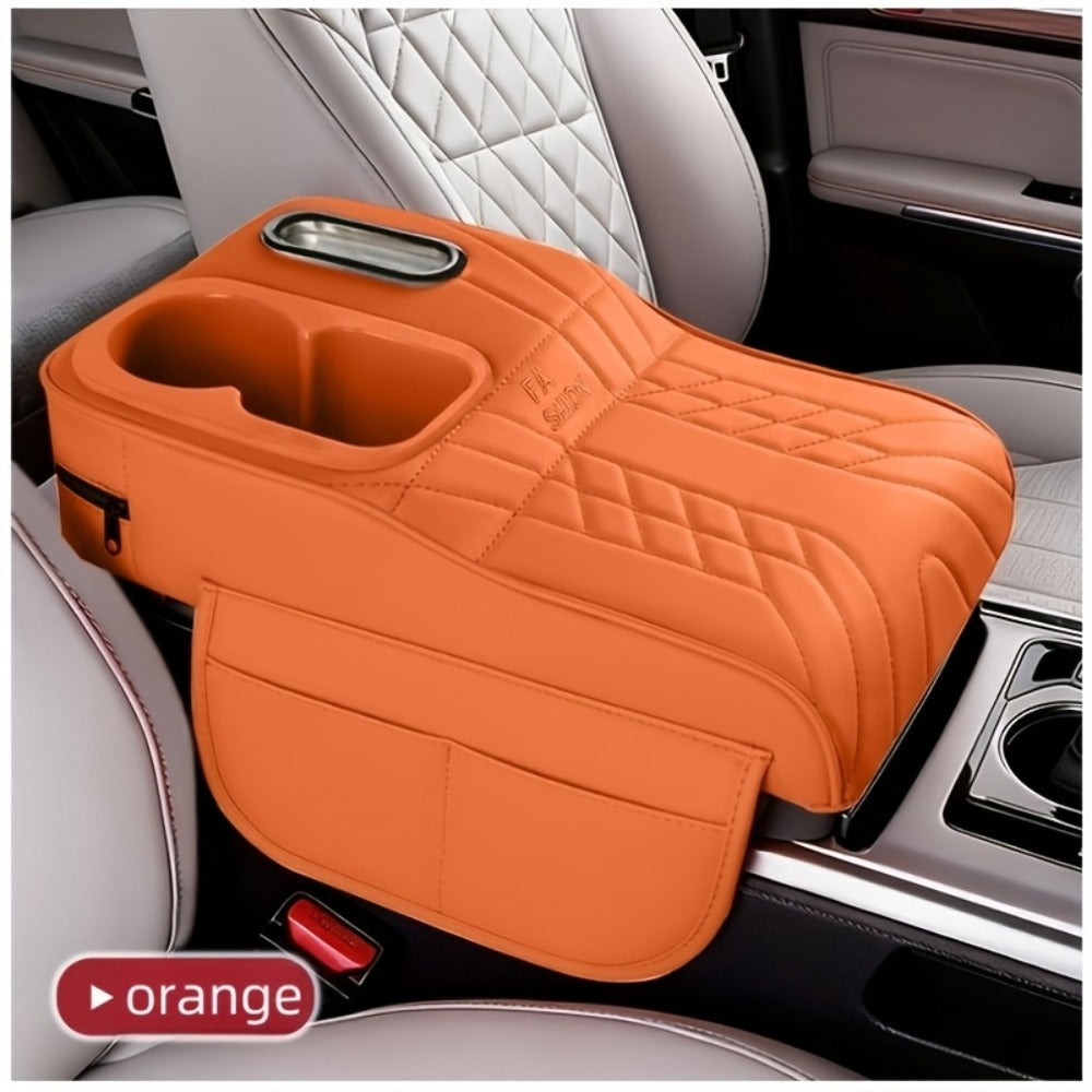 Center Console Tray Organizer with Cup Holder, Tissue Slot and Six Color Options in Black, Orange, Red, Brown or Beige
