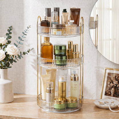 Three-Tier Rotating Makeup Organizer with 360-Degree Base in Green, Amber or Transparent Finish