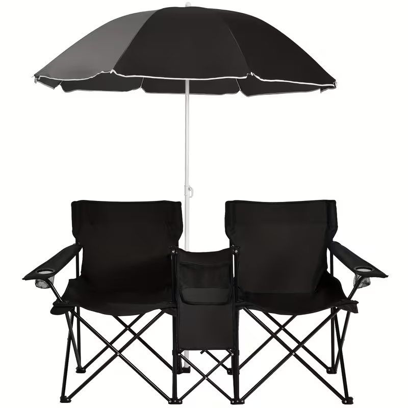 Folding Picnic Chair Set for 2, Umbrella, Cooler Bag & Table, 600 Lbs Capacity, Portable, for Camping, Travel and Outdoor Use