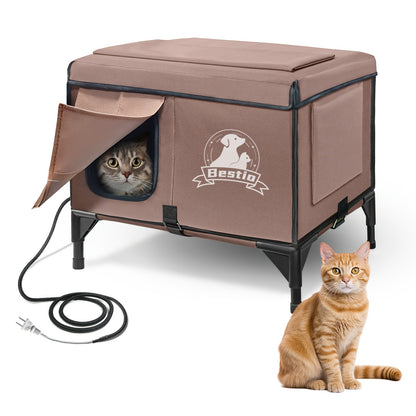 Heated Cat House 3-in-1 with Removable Warming Pad, Elevated Cat Bed for Indoor & Outdoor Cats, Chew-Resistant Cord, Double Door Cat Cave