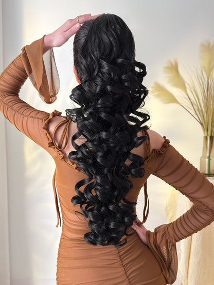 Curly Ponytail Extension 28 Inch Long Heat Resistant Synthetic Clip In Wrap Around Hairpiece Voluminous Bouncy Curls 4 Styles for Women