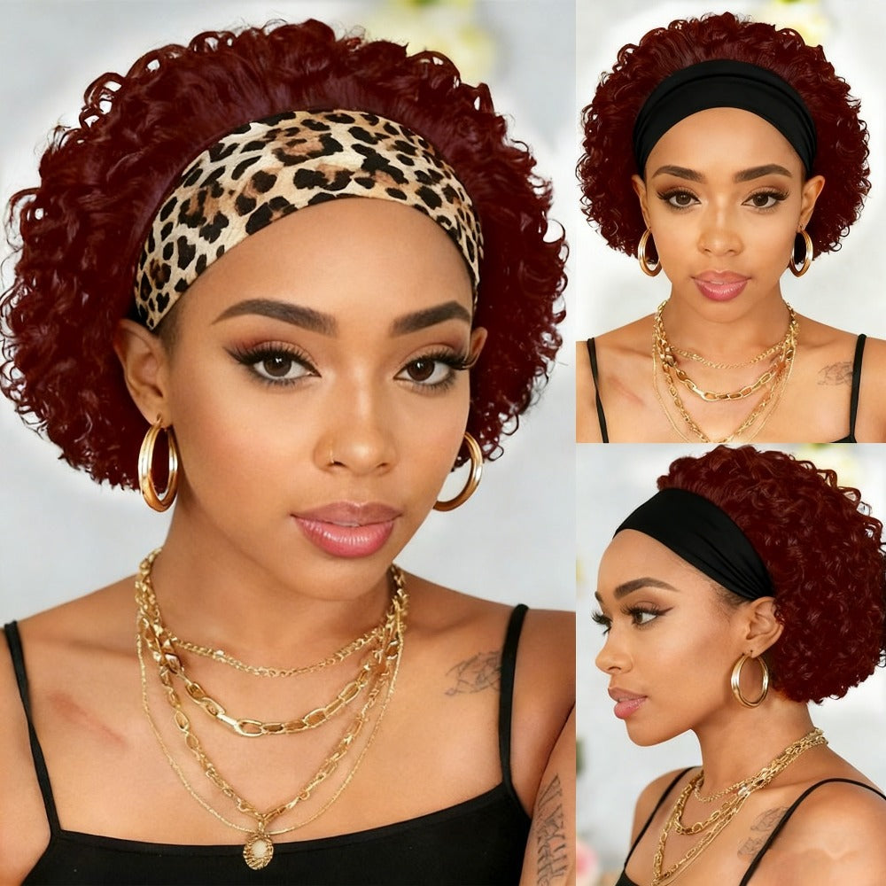 Kinky Curly Headband Wig Human Hair Brazilian 150% Density Glueless 6 Inch | No Glue No Gel Black Burgundy Rust | Beginner Friendly Daily