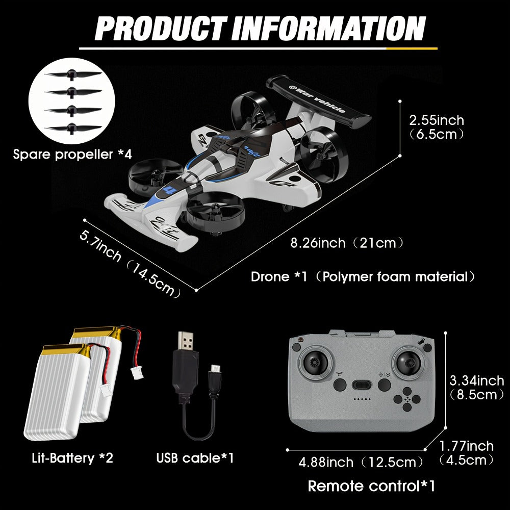 Two-in-One RC Drone and Ground Car with White Body, Two Batteries and Propeller Guards for Indoor Play