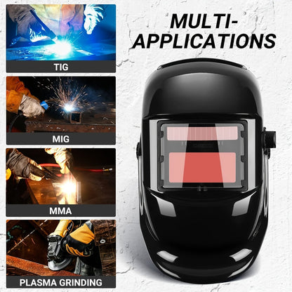 Black Auto-Darkening Welding Helmet with Wide Rectangular Lens, Top-Mounted Headlight and Adjustable Headgear