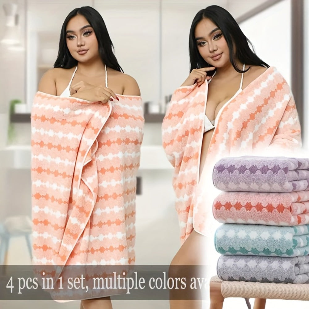Bath Towels Set 4 Piece 300GSM Soft Towels in Orange, Green, Blue, Purple or Pink for Home and Guest Use