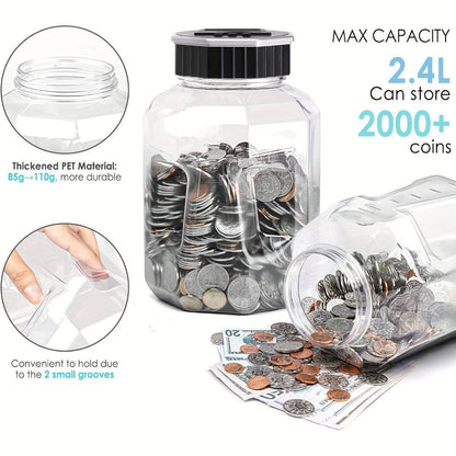 Digital Coin Counting Piggy Bank for Adults, Extra Large 2.4L LCD Counter Jar, Transparent Acrylic Money Saving Bank with Display