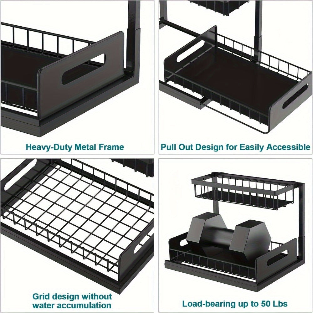 Under Sink Storage Organizer 2-Tier Sliding Metal Shelf in 1-Pack or 2-Pack, Black, White or Gray