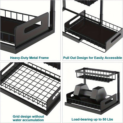 Under Sink Storage Organizer 2-Tier Sliding Metal Shelf in 1-Pack or 2-Pack, Black, White or Gray