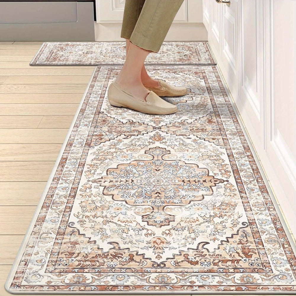 Kitchen Mat Set, 2-Piece Boho Distressed Cushioned Rugs in Five Color Patterns with 17.3x28 and 17.3x48-Inch Sizes