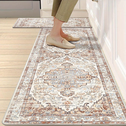 Kitchen Mat Set, 2-Piece Boho Distressed Cushioned Rugs in Five Color Patterns with 17.3x28 and 17.3x48-Inch Sizes