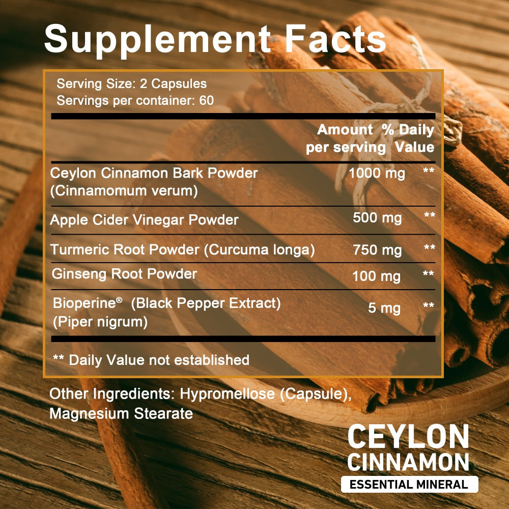 Ceylon Cinnamon Capsules 120 Count with Apple Cider Vinegar Turmeric Bioperine & Ginseng for Bath Time, Home Spa and Personal Care