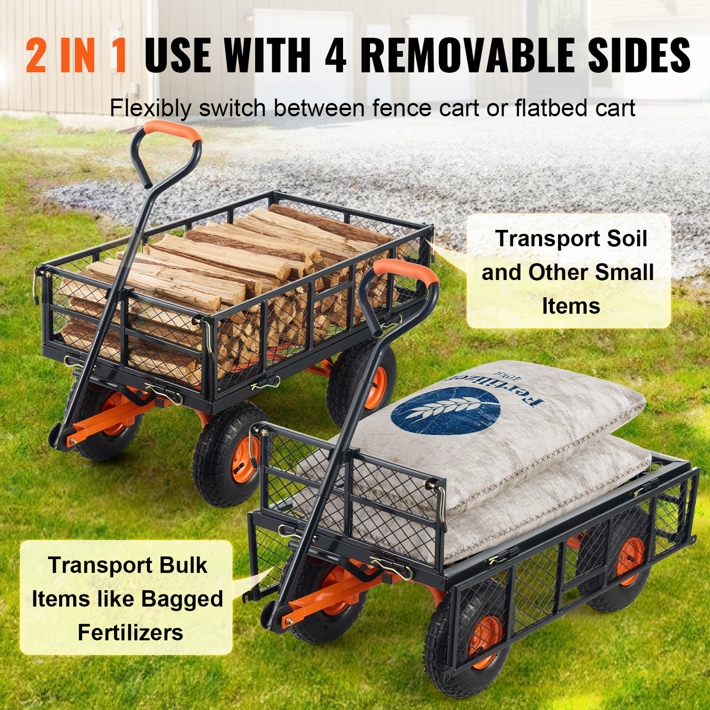 Garden Dump Cart Convertible Flatbed Utility Wheelbarrow with 2-in-1 Handle, Removable Side Panels