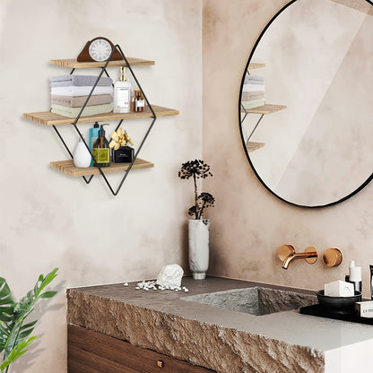 Three-Tier Diamond Wall Shelf with Dark Brown Boards, Black Wire Frame and 50 cm Pictured Height