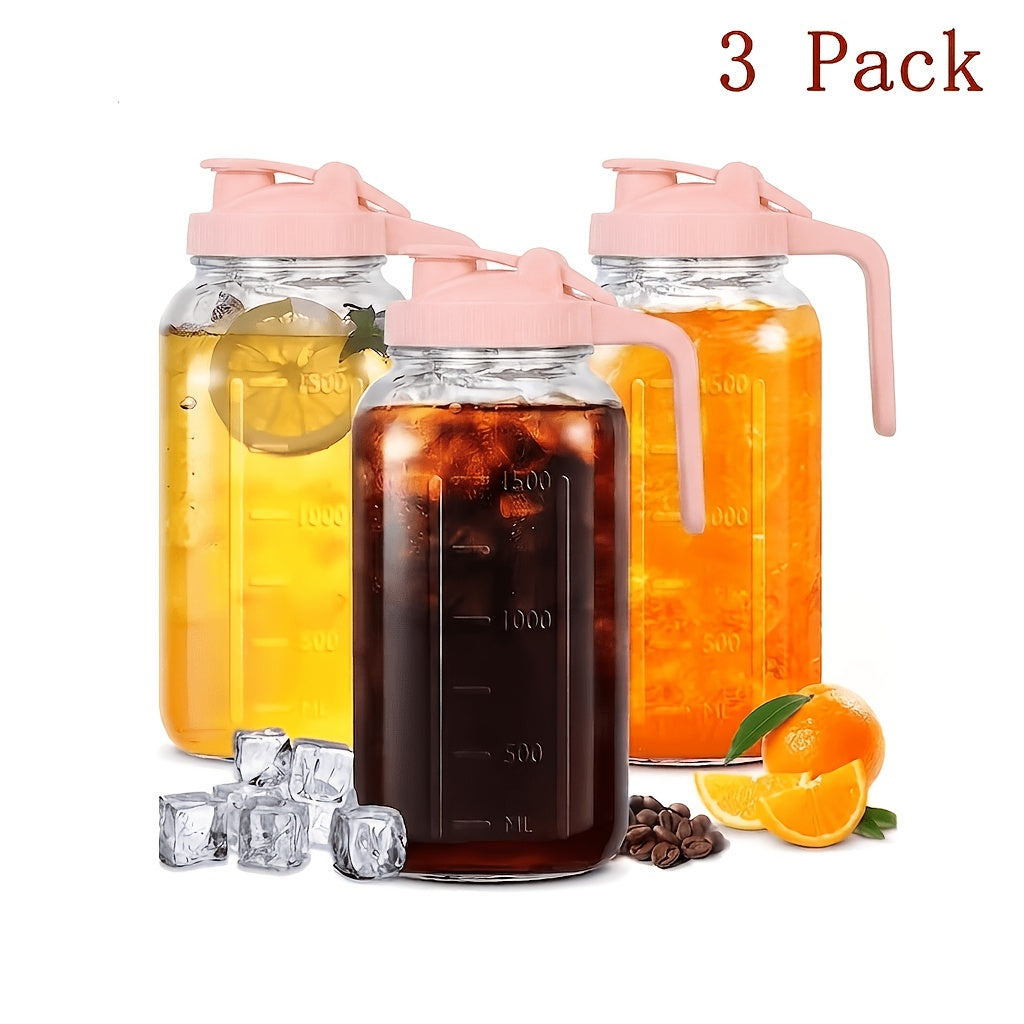 Three-Pack 64-Ounce Mason-Style Glass Pitchers with Pink Flip Lids, Handles and Wide Mouths