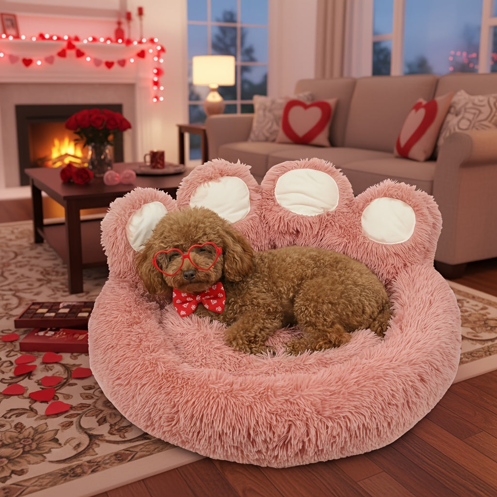 Dog Bed Cat Bed Bear Paw Shaped Donut – Calming Round Plush Pet Mattress, Warm & Soft Cuddler Bed for Dogs and Cats, Includes Pet Scarf