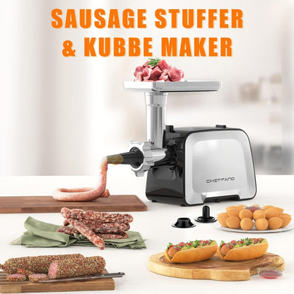 Heavy Duty Electric Meat Grinder & Sausage Stuffer – Stainless Steel with 2 Blades, 2 Cutting Plates, Sausage Tube & Kubbe Kit for Home