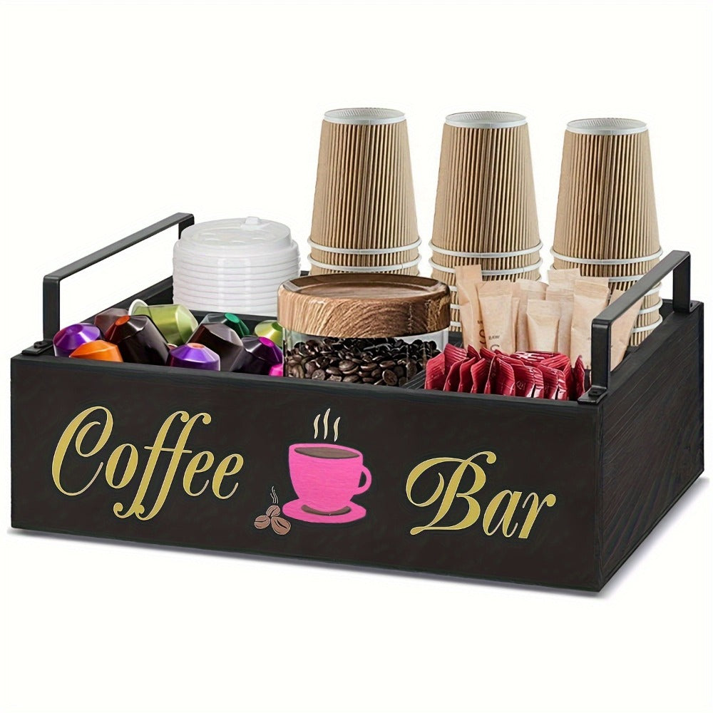 Wooden Coffee Bar Organizer with Farmhouse Sign and Rectangular Tray for Pods, Sugar, Creamer and Countertop Accessories