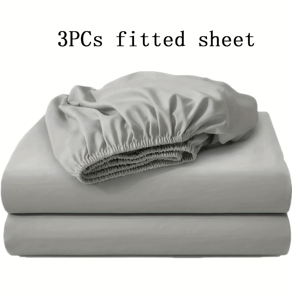 Three-Piece Solid-Color Fitted Sheet Set with Two Pillowcases, Nine Colors and Four Bed Sizes
