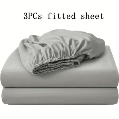 Three-Piece Solid-Color Fitted Sheet Set with Two Pillowcases, Nine Colors and Four Bed Sizes