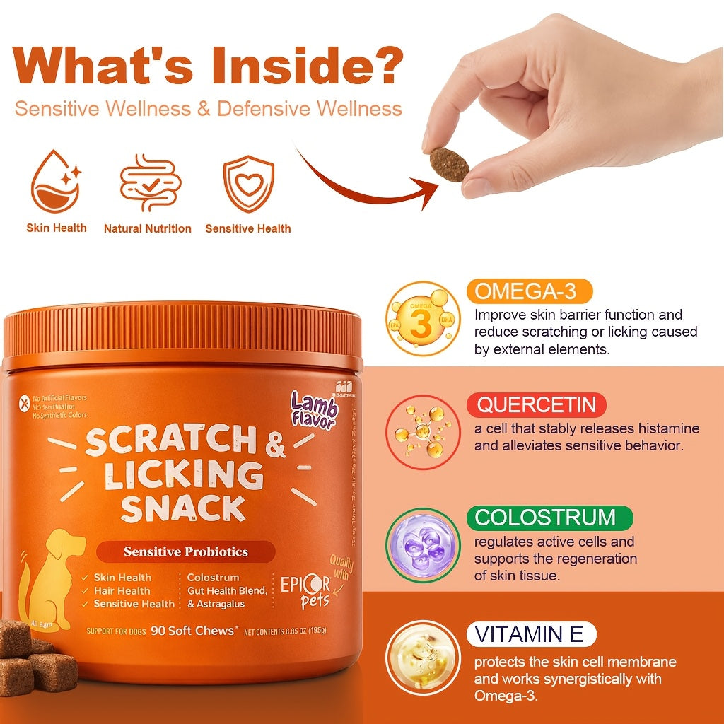 Dog Omega 3 Skin & Coat Chews 90ct – Lamb Flavor Soft Pellets with Probiotics for Itching, Scratching & Licking Relief